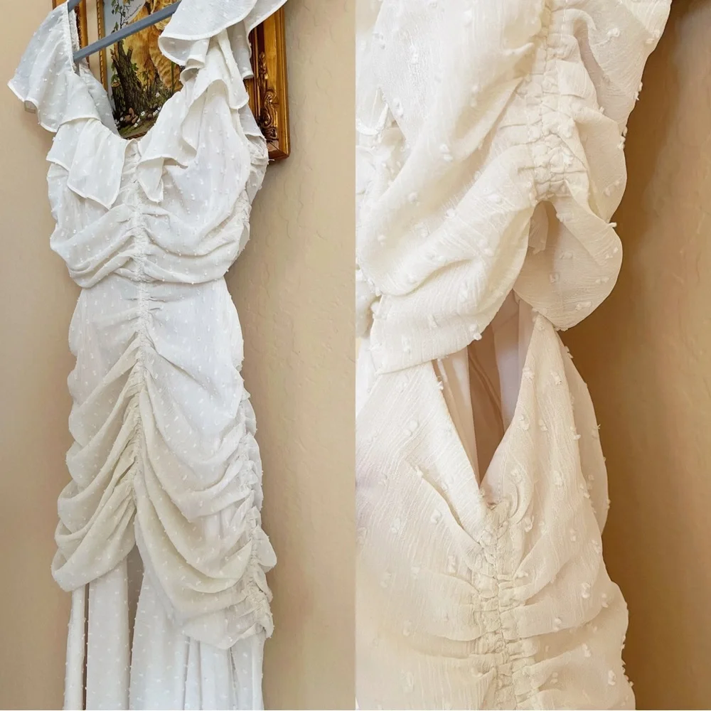 ASTR Ivory Cream Off White Swiss Dot Textured Ruched Ruffle Cut Out Midi Dress - Picture 12 of 17